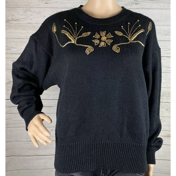 NWT Vintage Russ Sweater Large Black Gold Floral Beadwork Retro 80s Beverly Knit - Picture 1 of 11